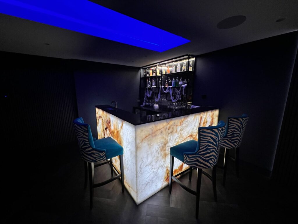 LED Onyx Bar Front & Full install with AV, Multi-room audio, WiFi & Sound System - Colchester, Essex